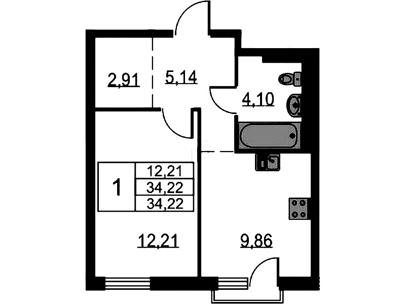 1-комнатная квартира 34.22 м², 17/18 эт., ЖК «Невская Долина»